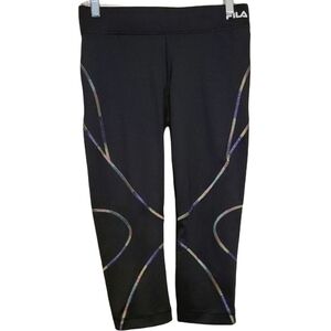 Fila Sport | Women’s Black Multi-color Design Cropped Leggings (Size Small)